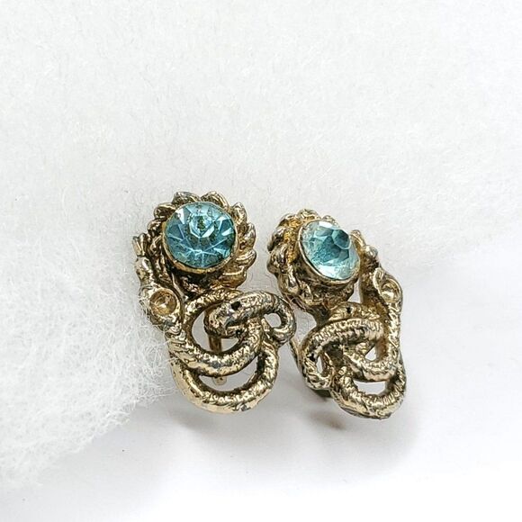 Vintage Goldtone Faux Aqua Blue Topaz Rhinestone Screwback Earrings - Picture 2 of 5